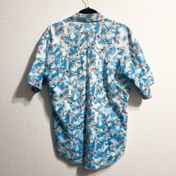 VINTAGE 90s Columbia Fly Fish Button Down Short Sleeve Shirt Mens Blue Colorful - Picture 6 of 6